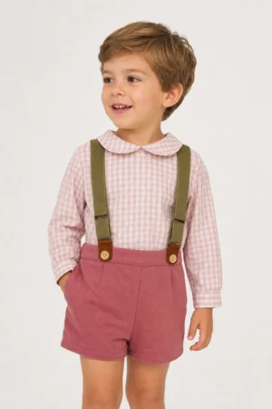Baby Ferr · Conjunto de camisa de cuadros y pantalón corto con tirantes - Rosa