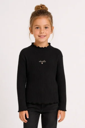 Chicco · Camiseta negra de canalé con cuello fruncido - Negro