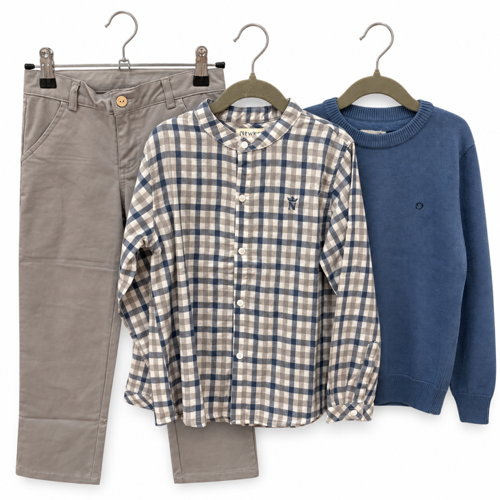 Conjunto pantalones, camisa cuadros y jersey