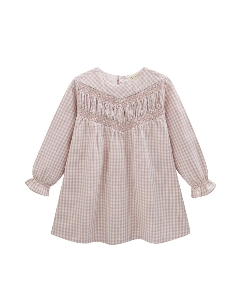 Newness · Vestido de cuadros con fruncido y volantes · Beige