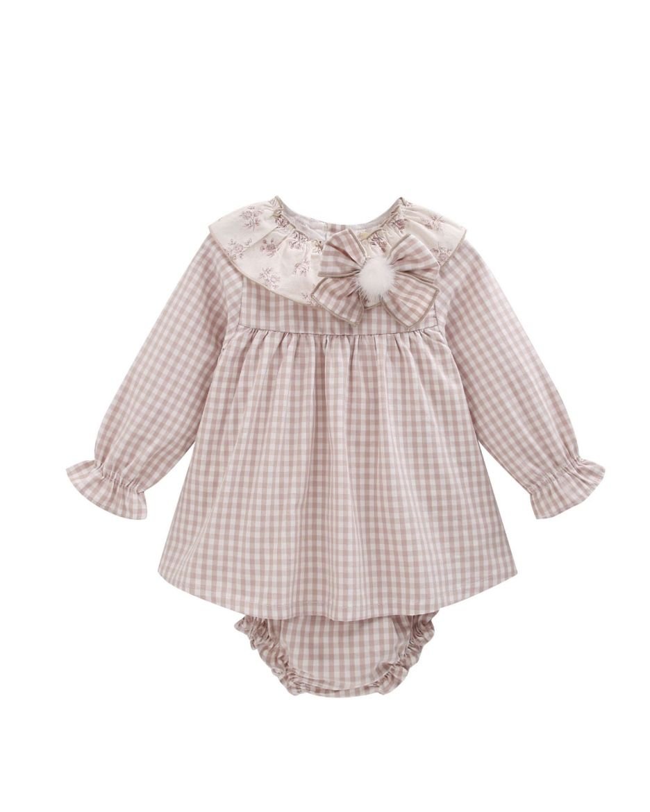 Newness · Vestido de cuadros con cuello y lazo · Beige